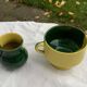 Enameled ceramic bowl and milk jug, two-tone yellow and green, vintage 1950