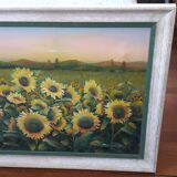 Vintage oil painting depicting a sunflower landscape