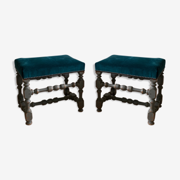 Pair of 19th duck-blue velvet stools
