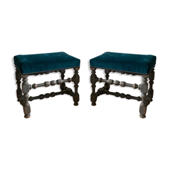 Pair of 19th duck-blue velvet stools