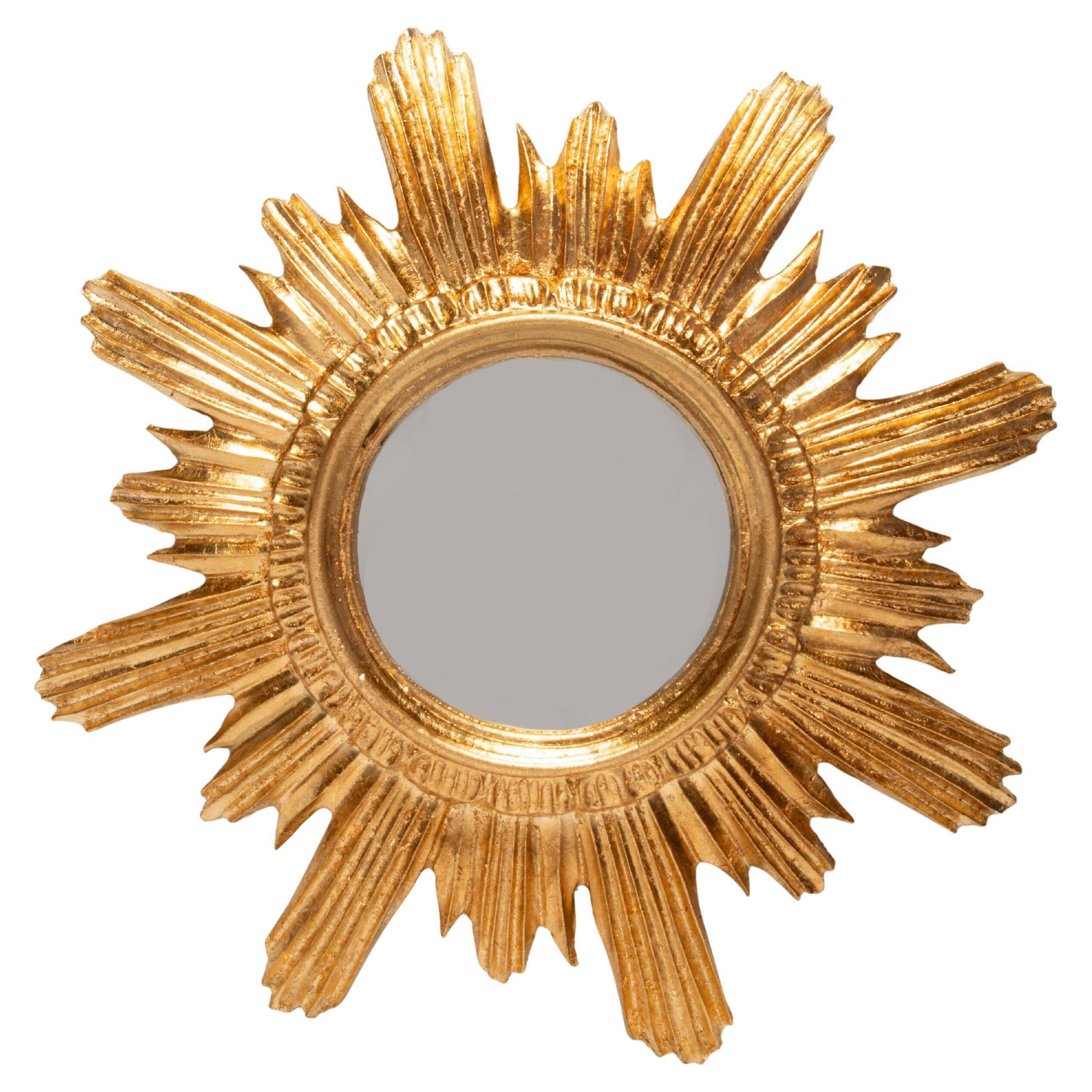 Miroir vintage soleil doré italien, bois doré, années 1960
