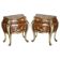 Pair of curved walnut commodes with marquetry and marble tops.
