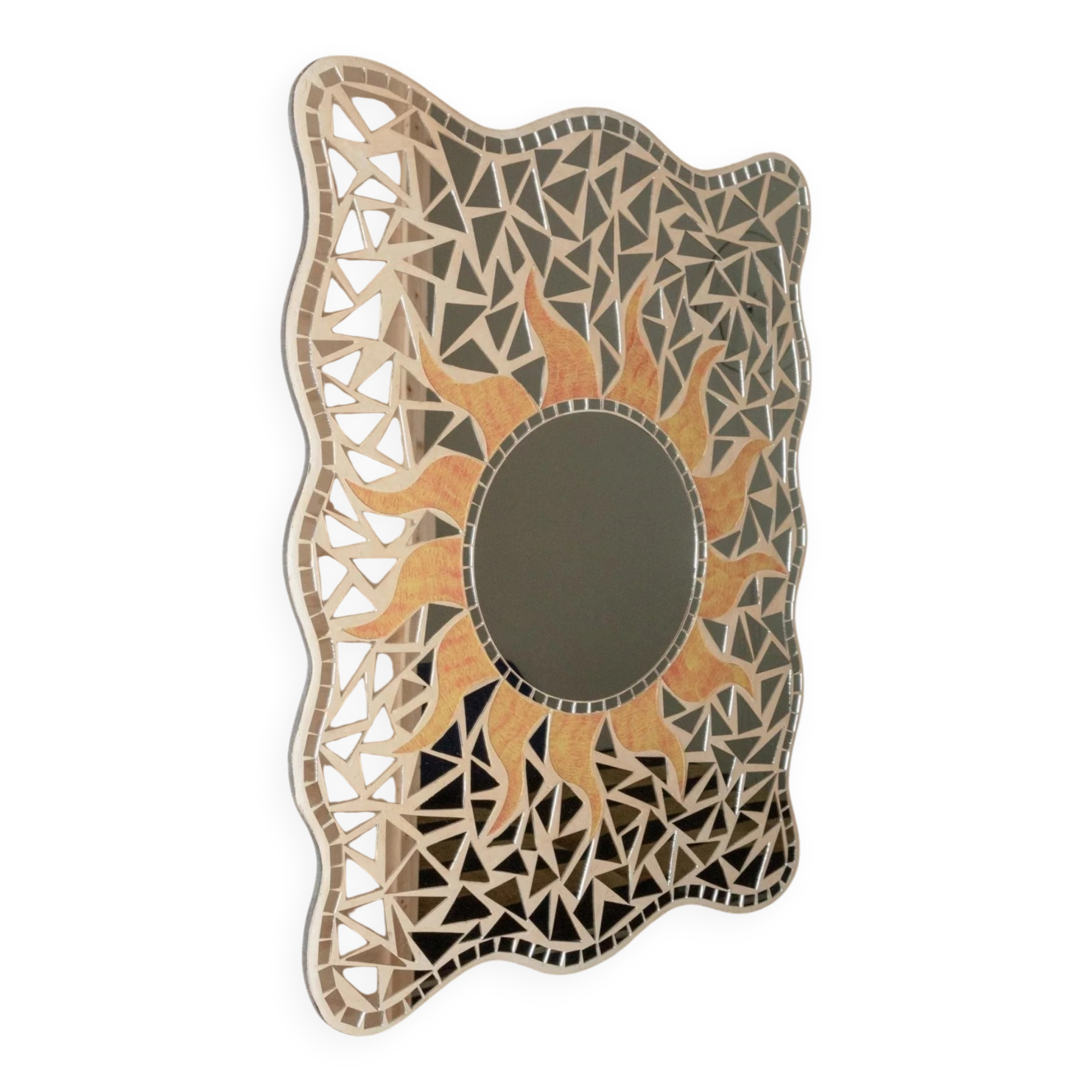 Vintage mosaic mirror sun motif - Unique piece from Italy, 1970s - Beautiful details, very decorative, bohemian style, gift idea.