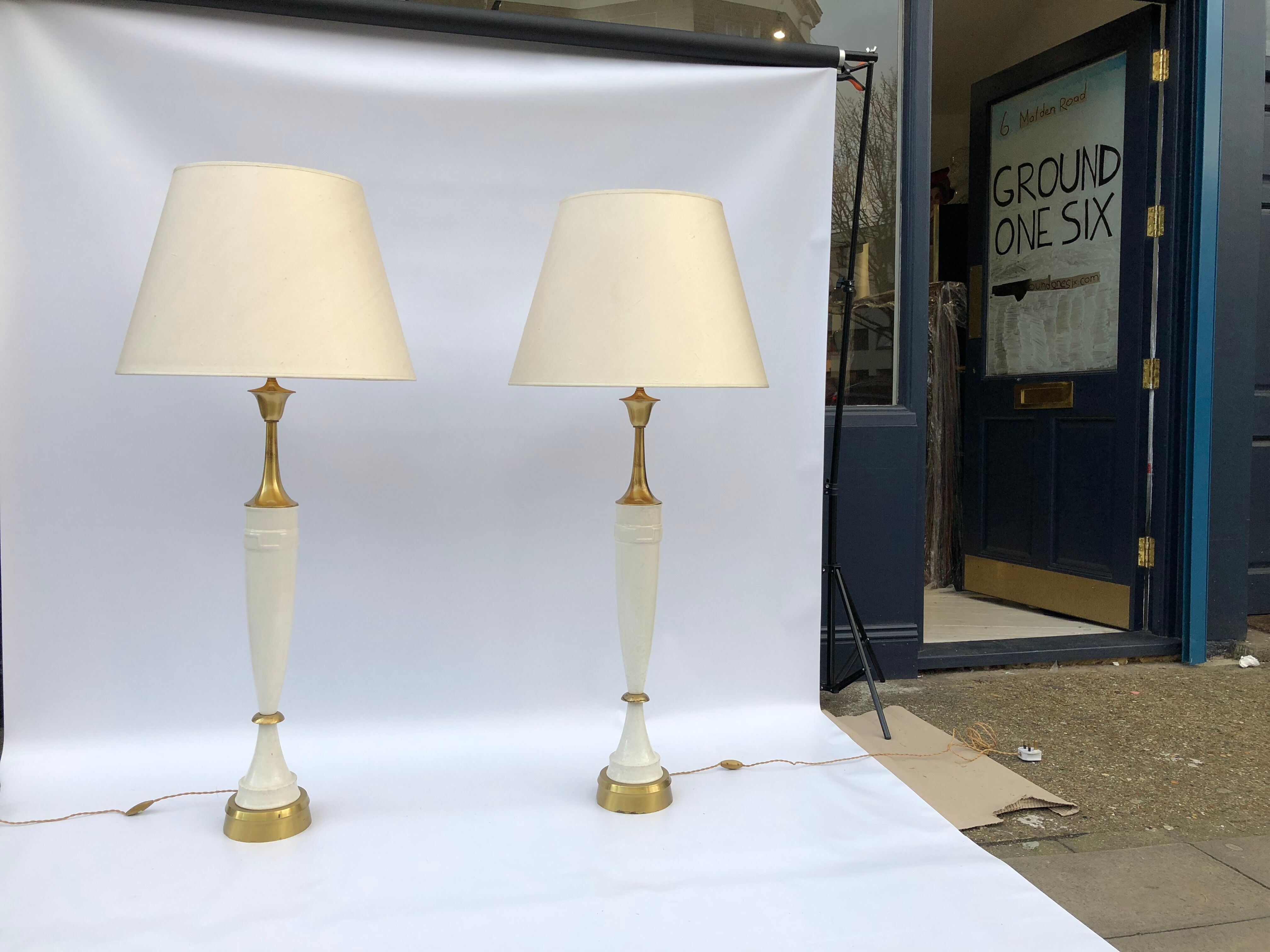 1960s laurel greek key ceramic brass table lamps hollywood regency neoclassical