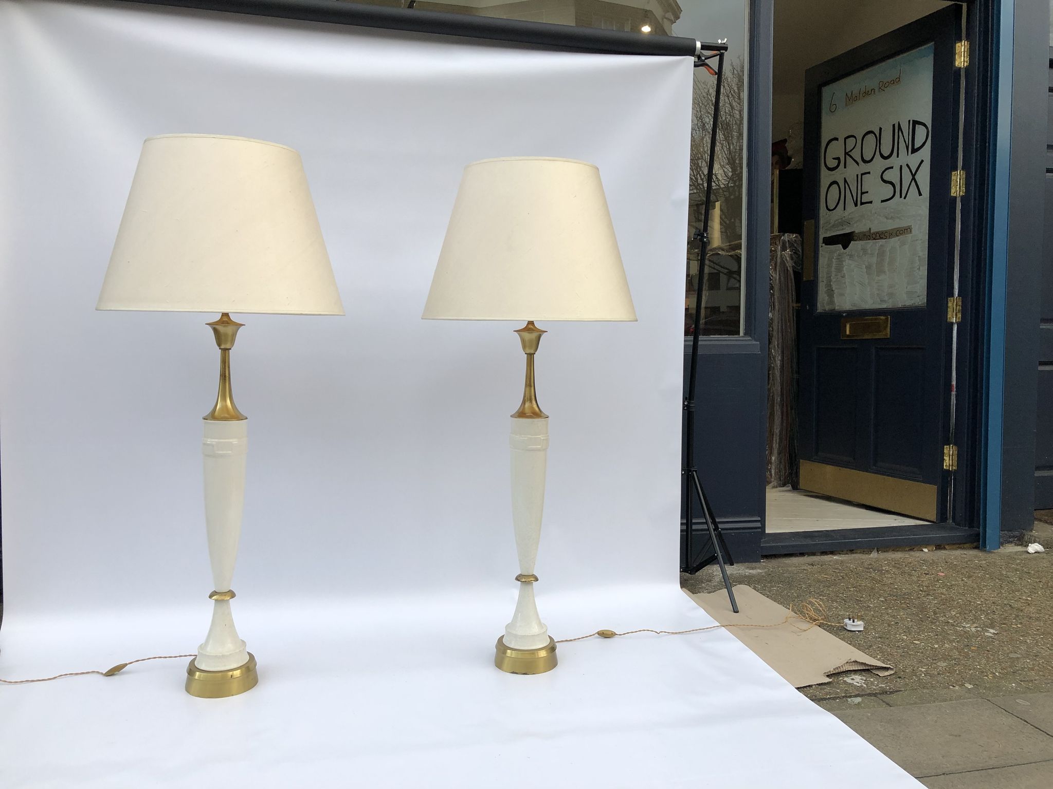 1960s laurel greek key ceramic brass table lamps hollywood regency neoclassical