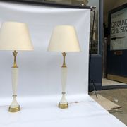 1960s laurel greek key ceramic brass table lamps hollywood regency neoclassical