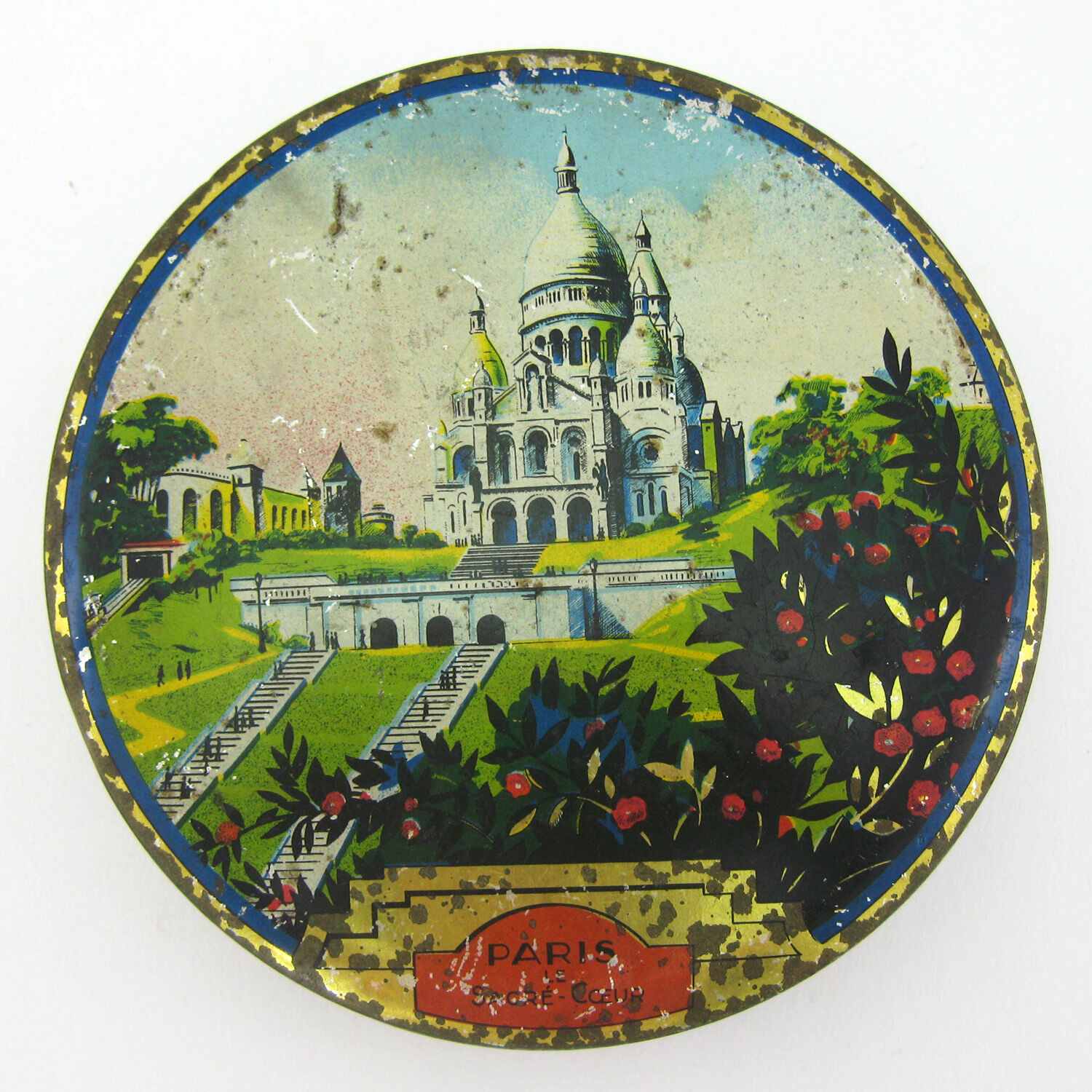 Old box of candies in lithographed sheet metal - Basilica Sacred Heart Paris - vintage 30s