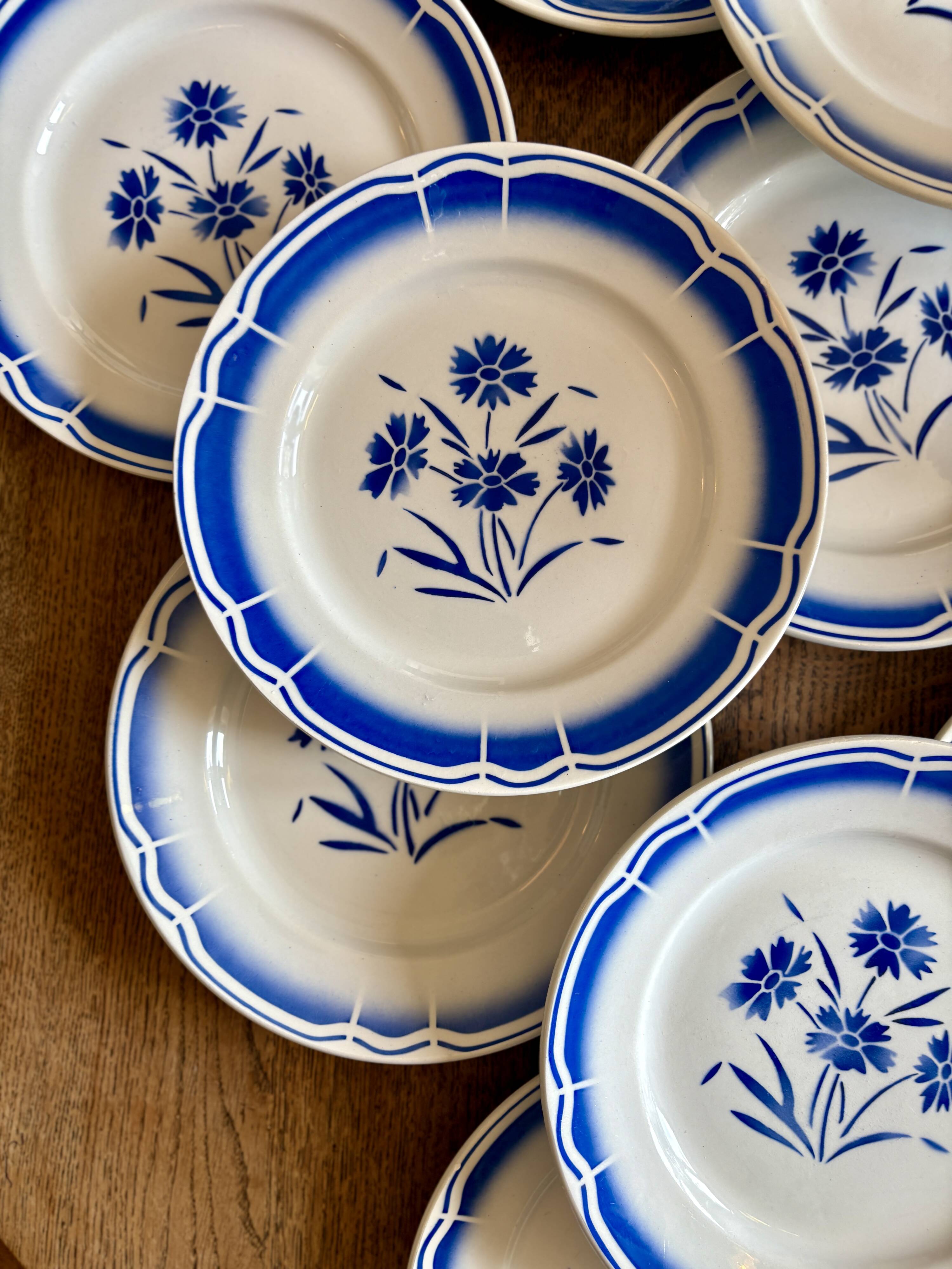 Set of 12 antique flat plates, blue flower decorations