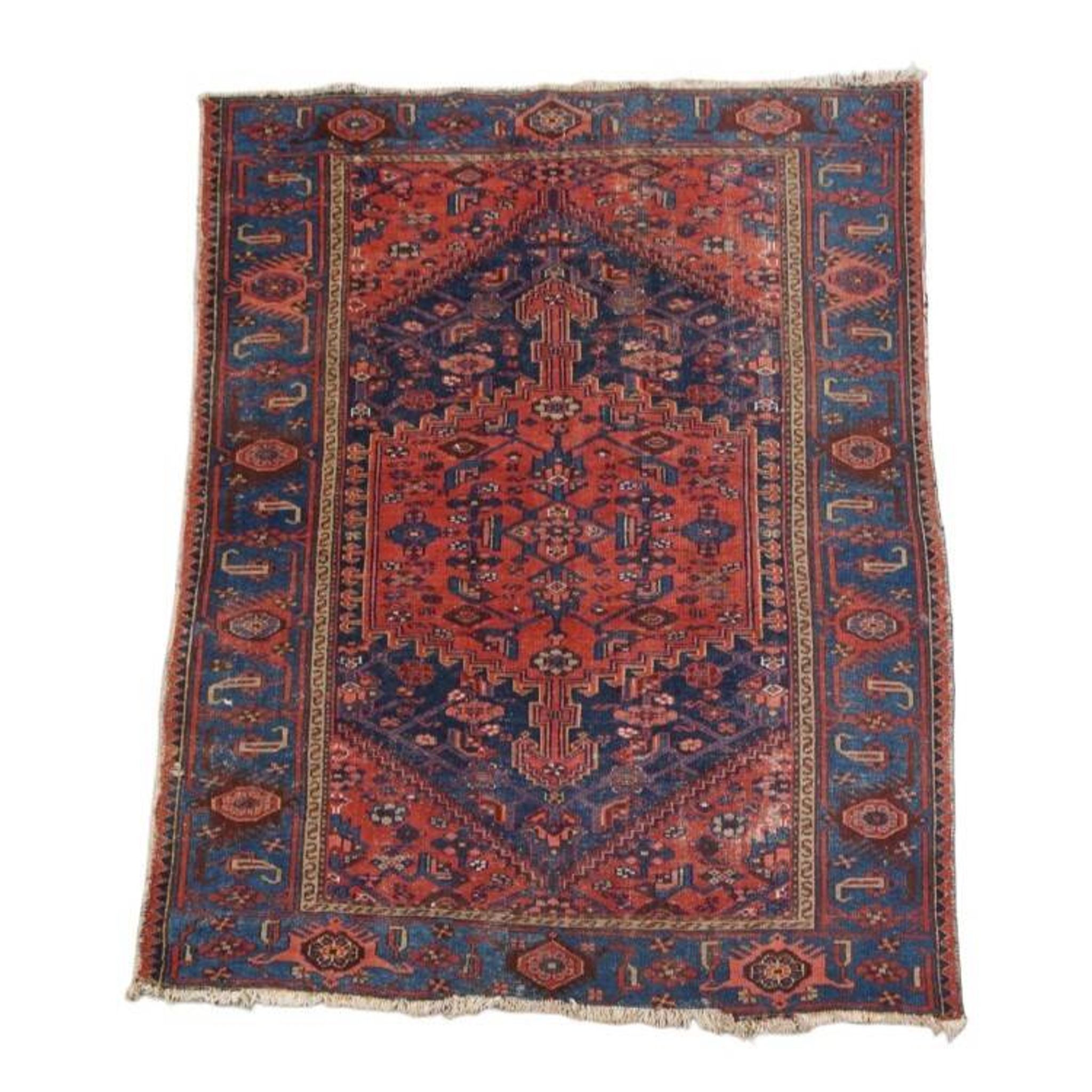 Antique hand-knotted oriental rug with predominantly red, purple, and blue colors 182x136cm