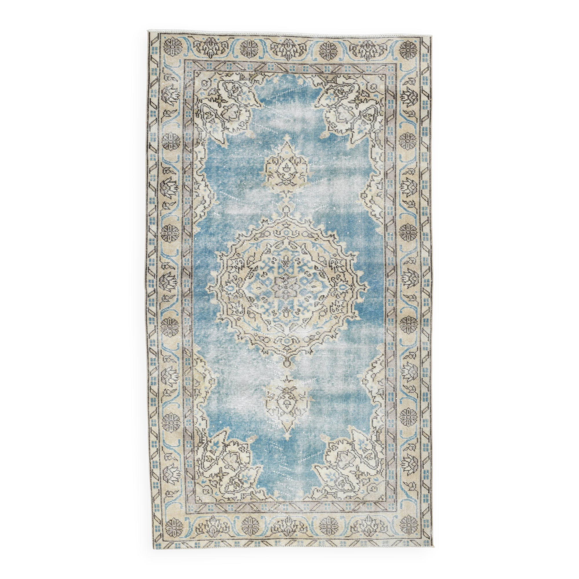 4x7 Sky Blue Classic Pattern Vintage Persian Rug, 113x201Cm