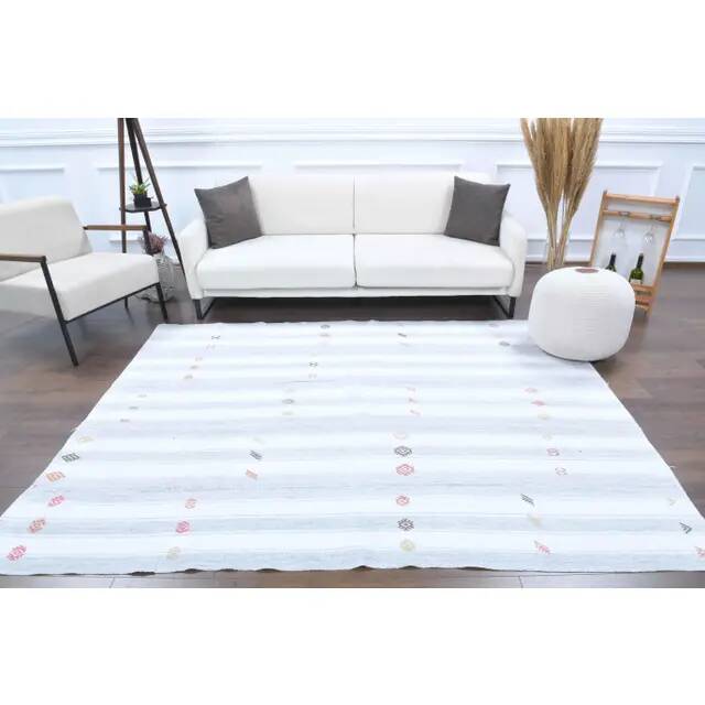 Vintage Turkish Oushak Handmade Wool Cotton White Kilim Area Rug 187x246