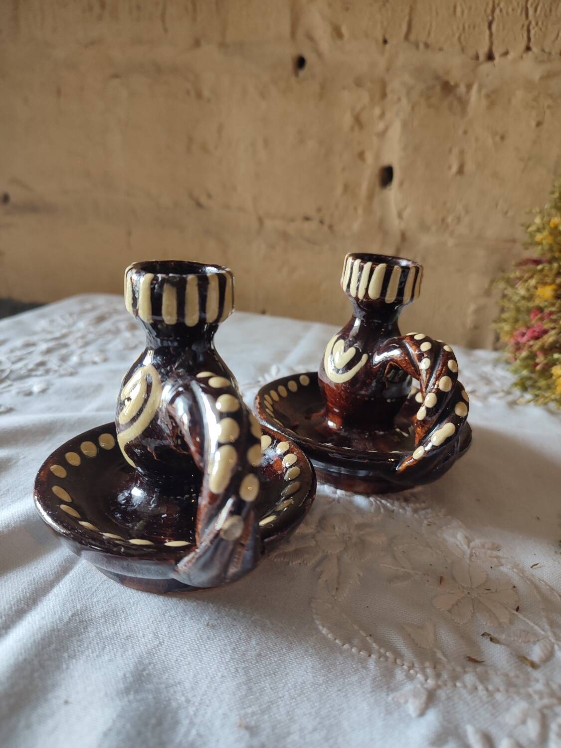 Duo of vintage ceramic candlesticks from Alsace, Obernai