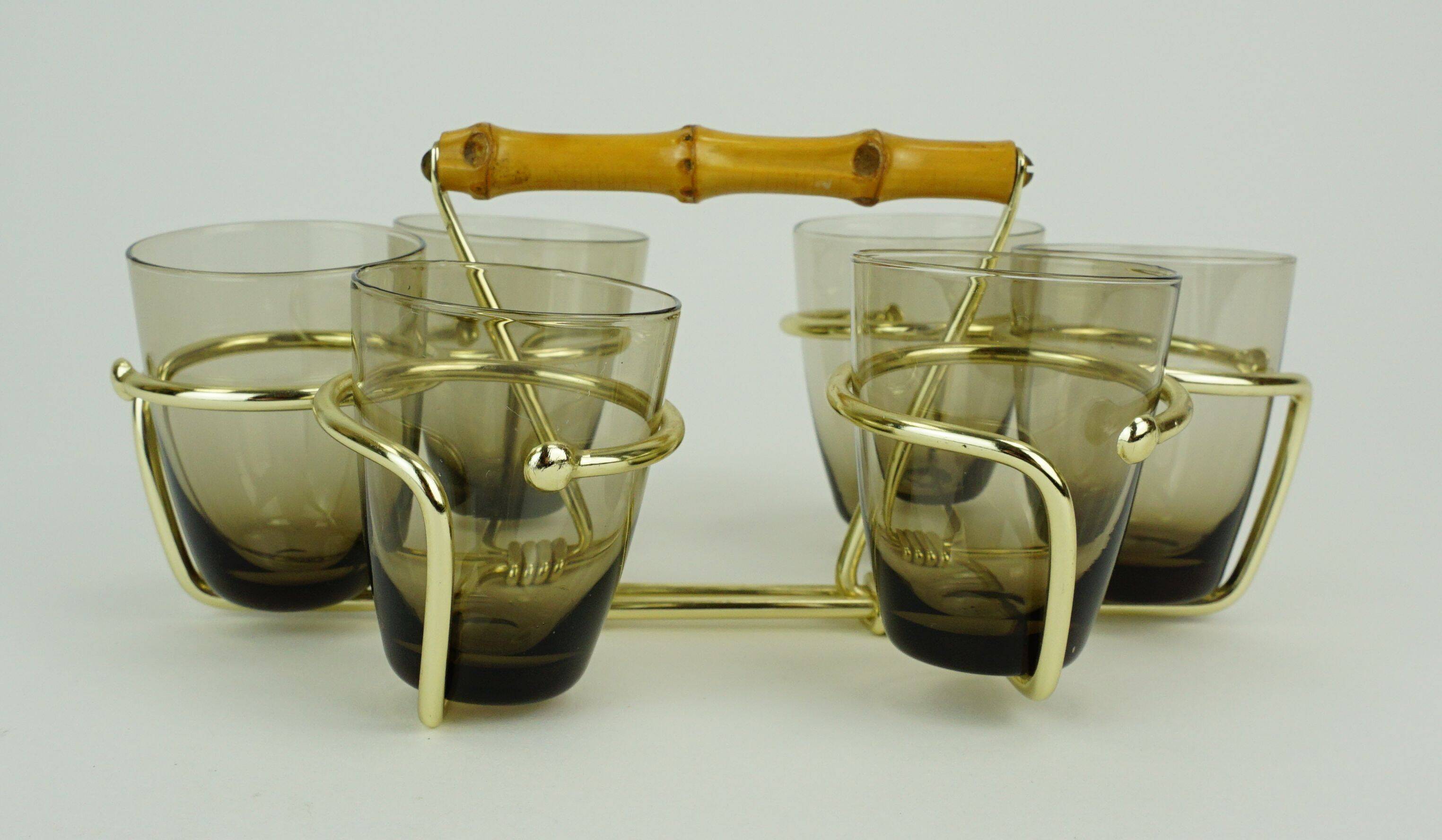 Set of 6 midcentury shot glasses in a brass holder with bamboo handle 1950s