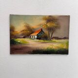 Peinture à l’huile chaumière ancien