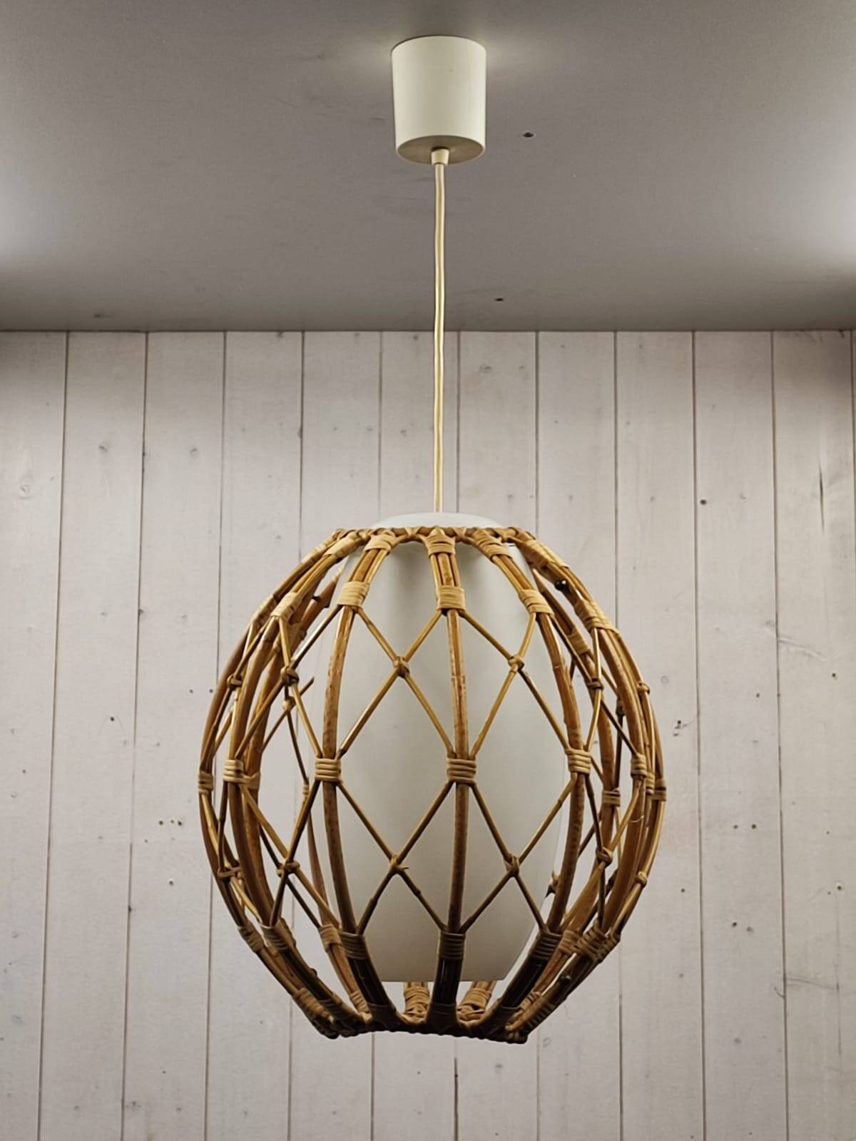 Vintage rattan and opaline pendant light