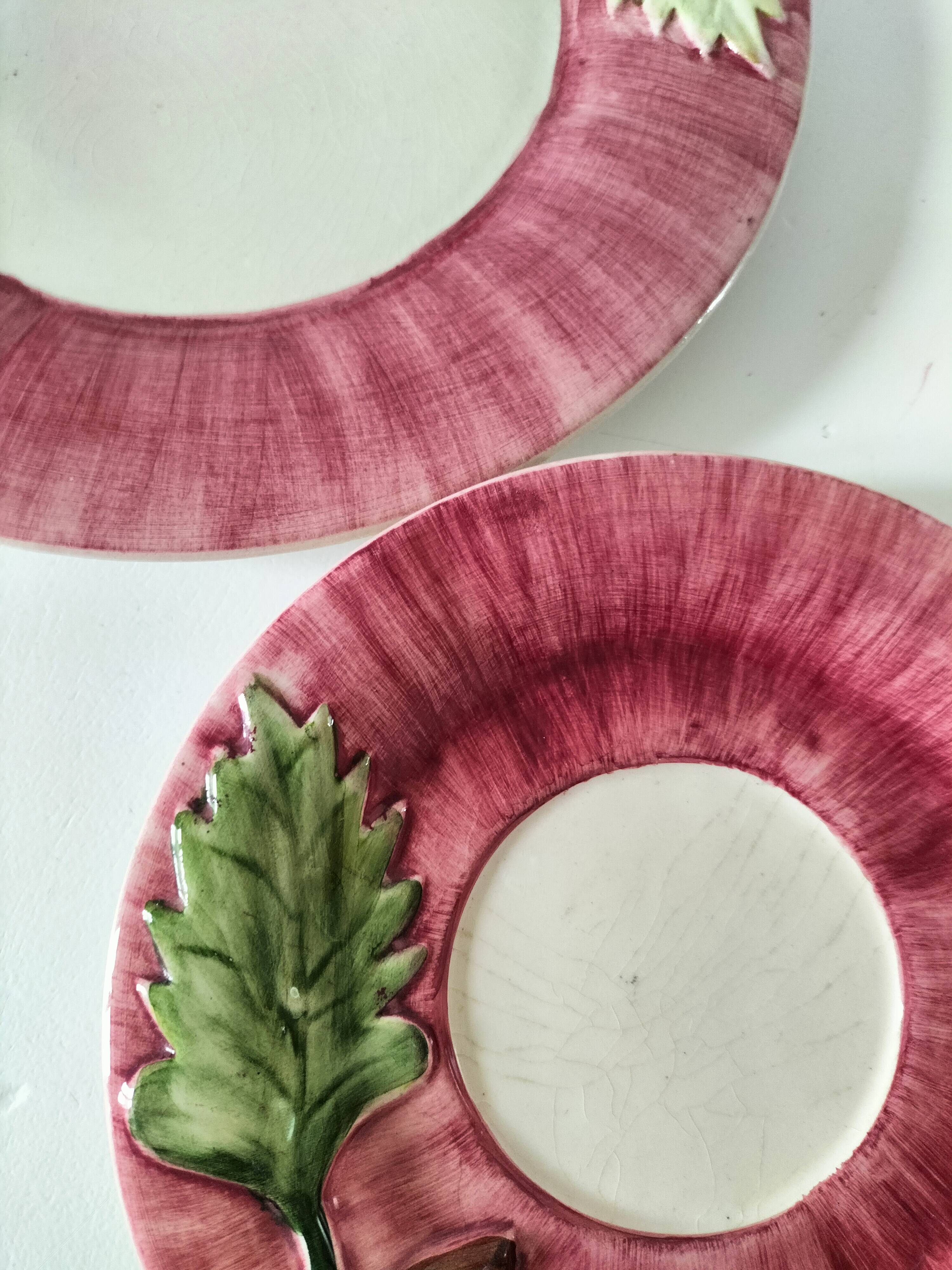 Two vintage leaf barbotine plates