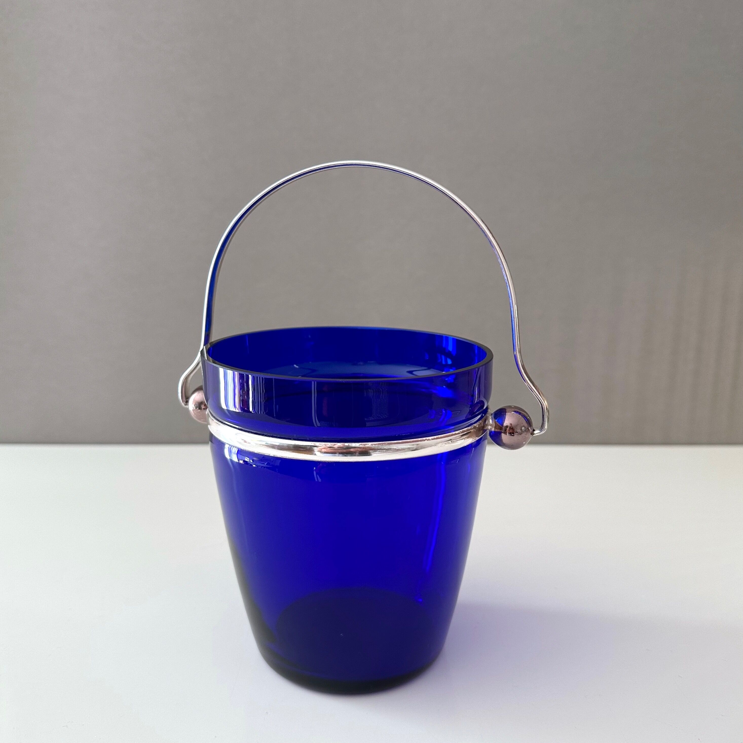 Ice bucket blue, ice cooler silver plated, mid century bareware