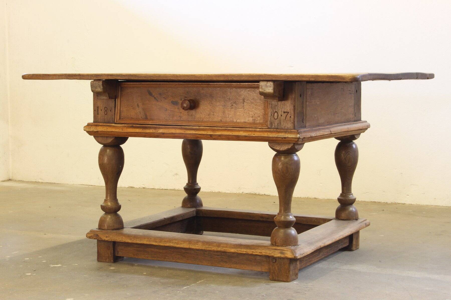 Antique Nordic Baroque Oak Table, Dated 1807
