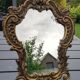 Victorian style table mirror. Decor Rinceaux, curved foot. In bronze patina old gold. 27 x 20 cm