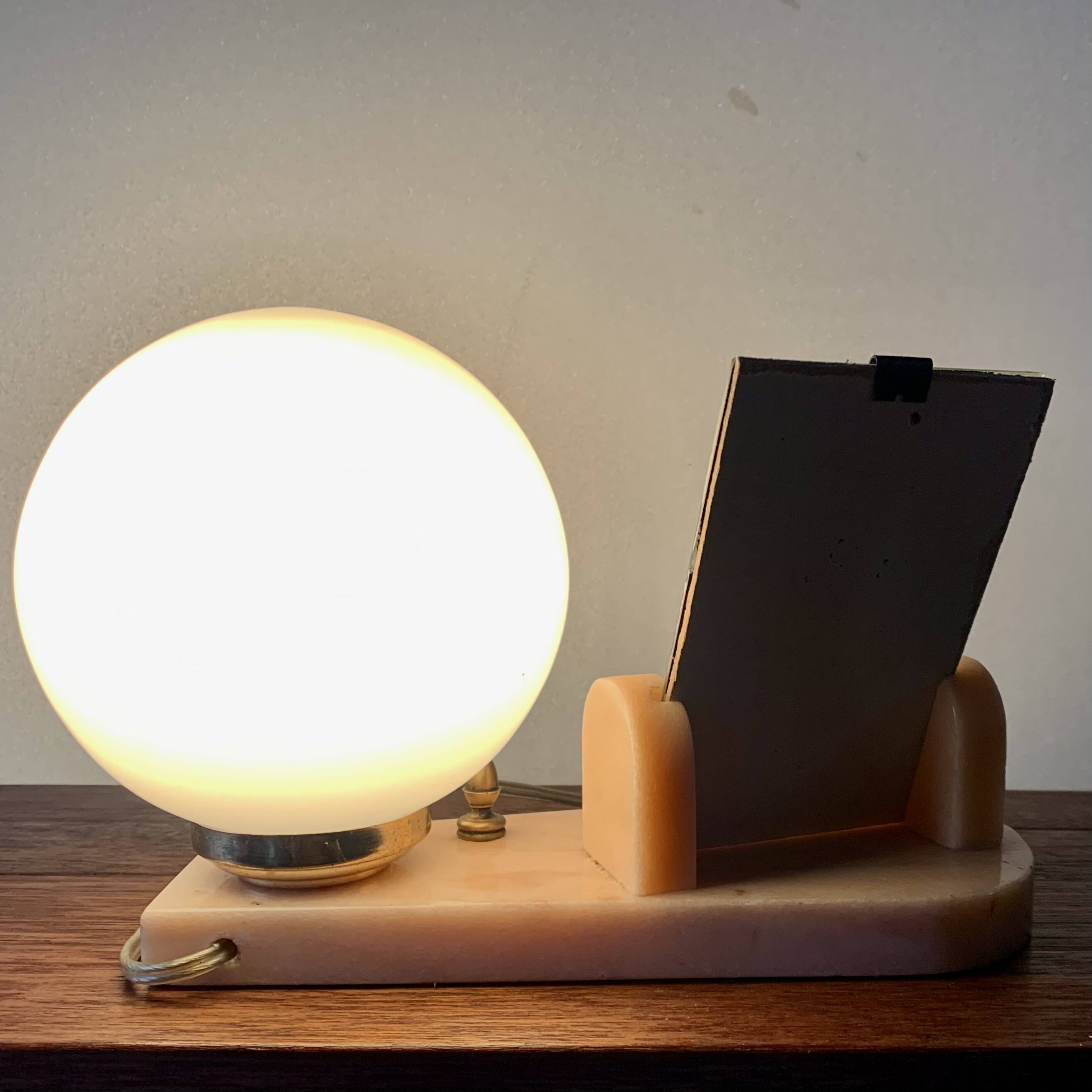 Art Deco pink marble and glass bedside lamp with photo holder