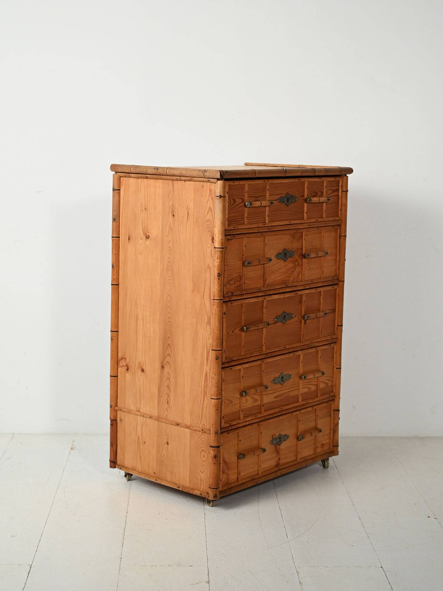 Scandinavian Colonial-Style Chest of Drawers in Pine and Bamboo