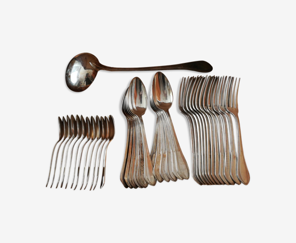 Ménagère de 37 pièce métal argenté--12 cuillères -12 petites - 12  fourchettes-1 louche en vermeil | Selency