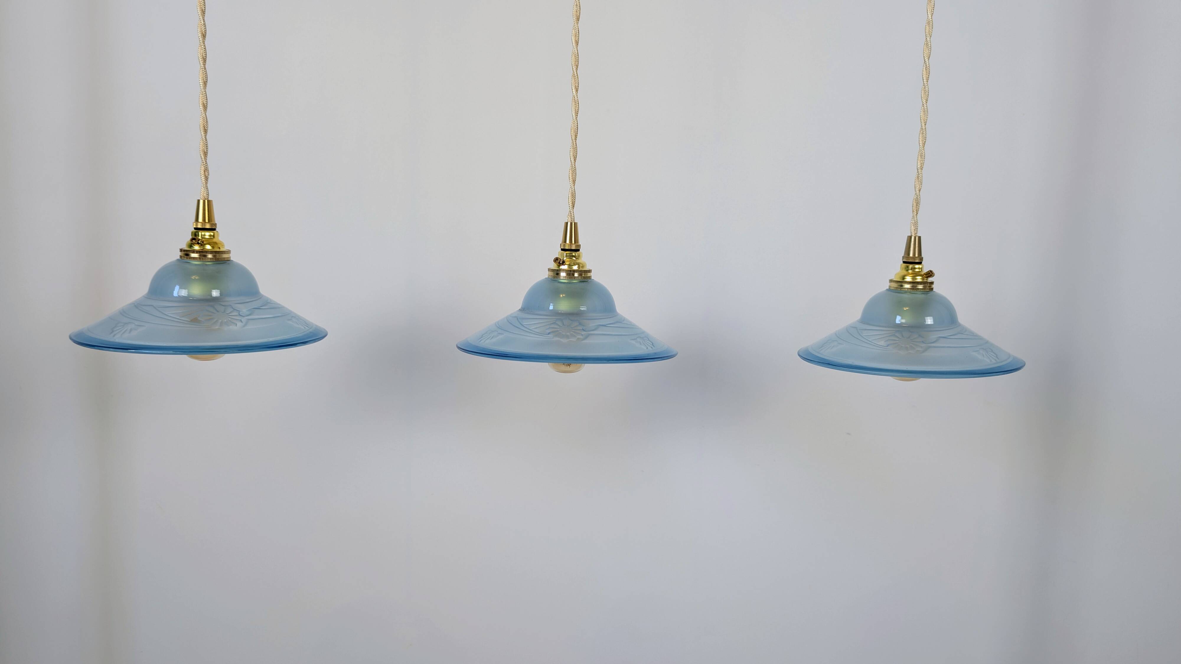 Art Deco blue glass pendant light, moulded glass shade — Ø19 cm — 3 available