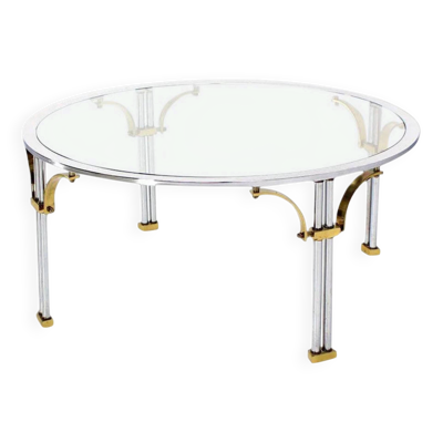 Table basse vintage en verre, chrome et laiton massif