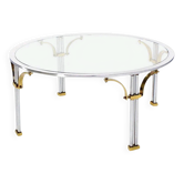 Table basse vintage en verre, chrome et laiton massif
