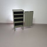 Gray metal locker. Industrial small sideboard.