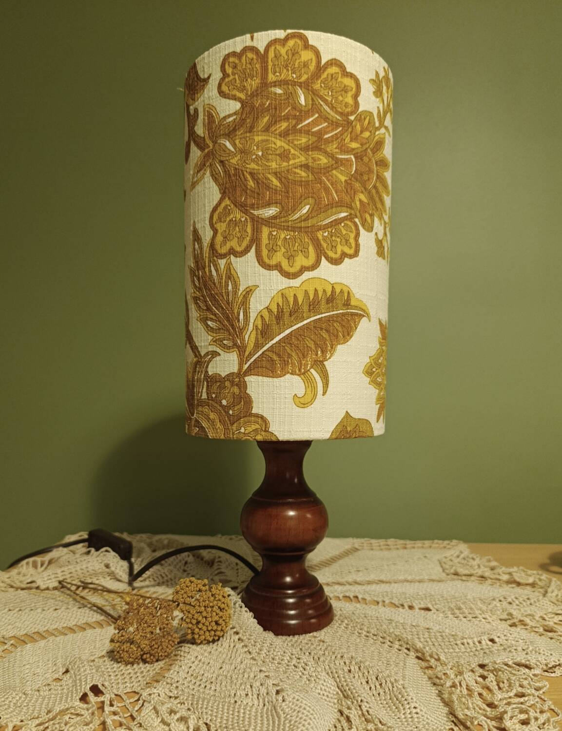 Turned wood lamp with authentic vintage lampshade and mustard flower decoration