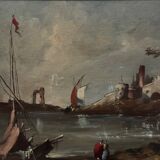 Oil on panel, port scene, late 19th century, gilded frame