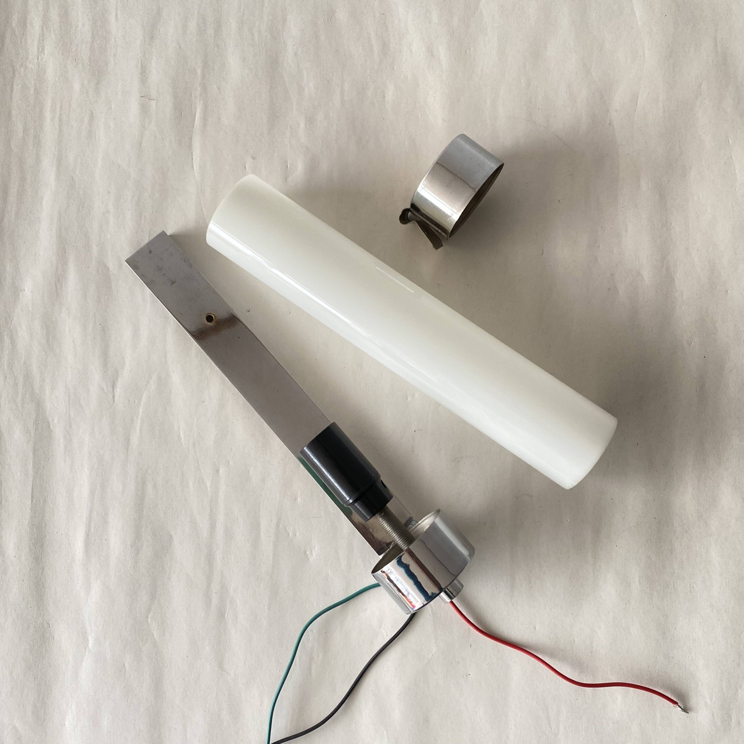 Opaline tube and chrome-plated brass wall lamp