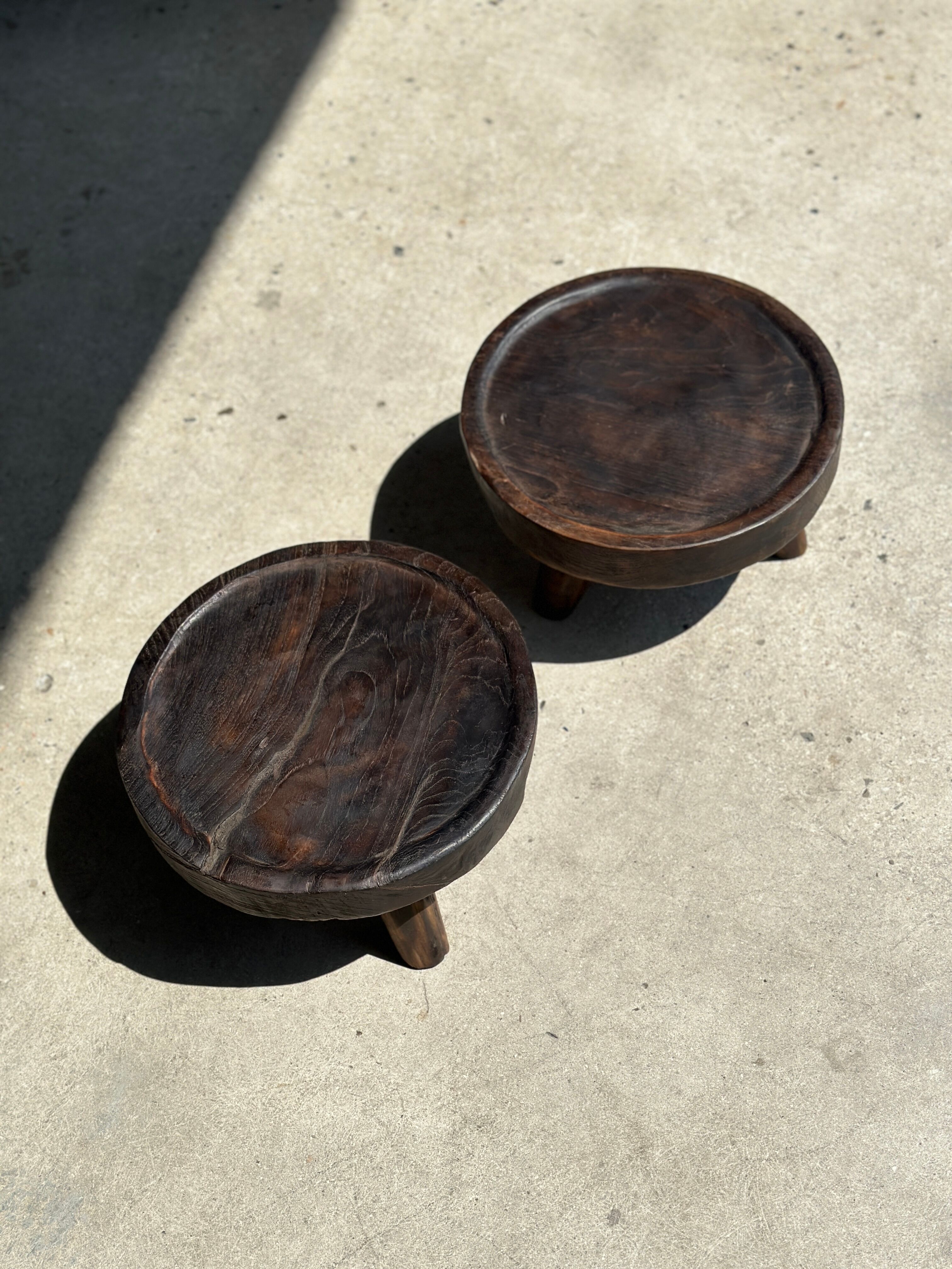 Small tripod stool low in dark brown upcycled teak