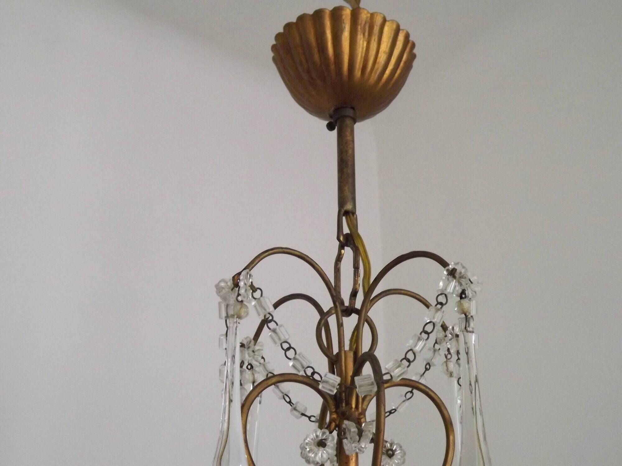 Vintage French 4 Arm Gilded Metal Cage Chandelier Beads Clear Murano Drops