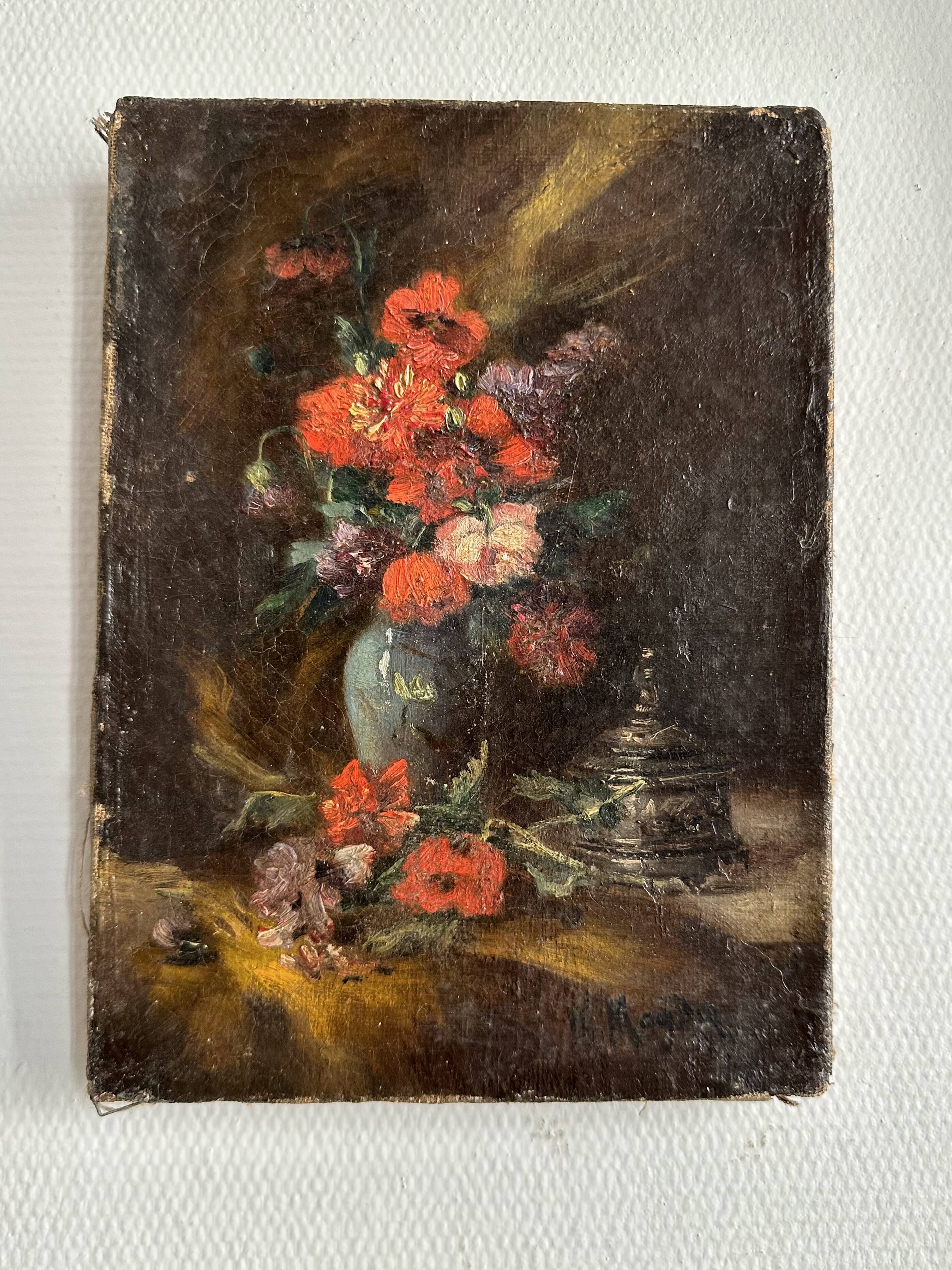 Tableau ancien fleurs signé avec cadre en bois et stuc doré, XIXe
