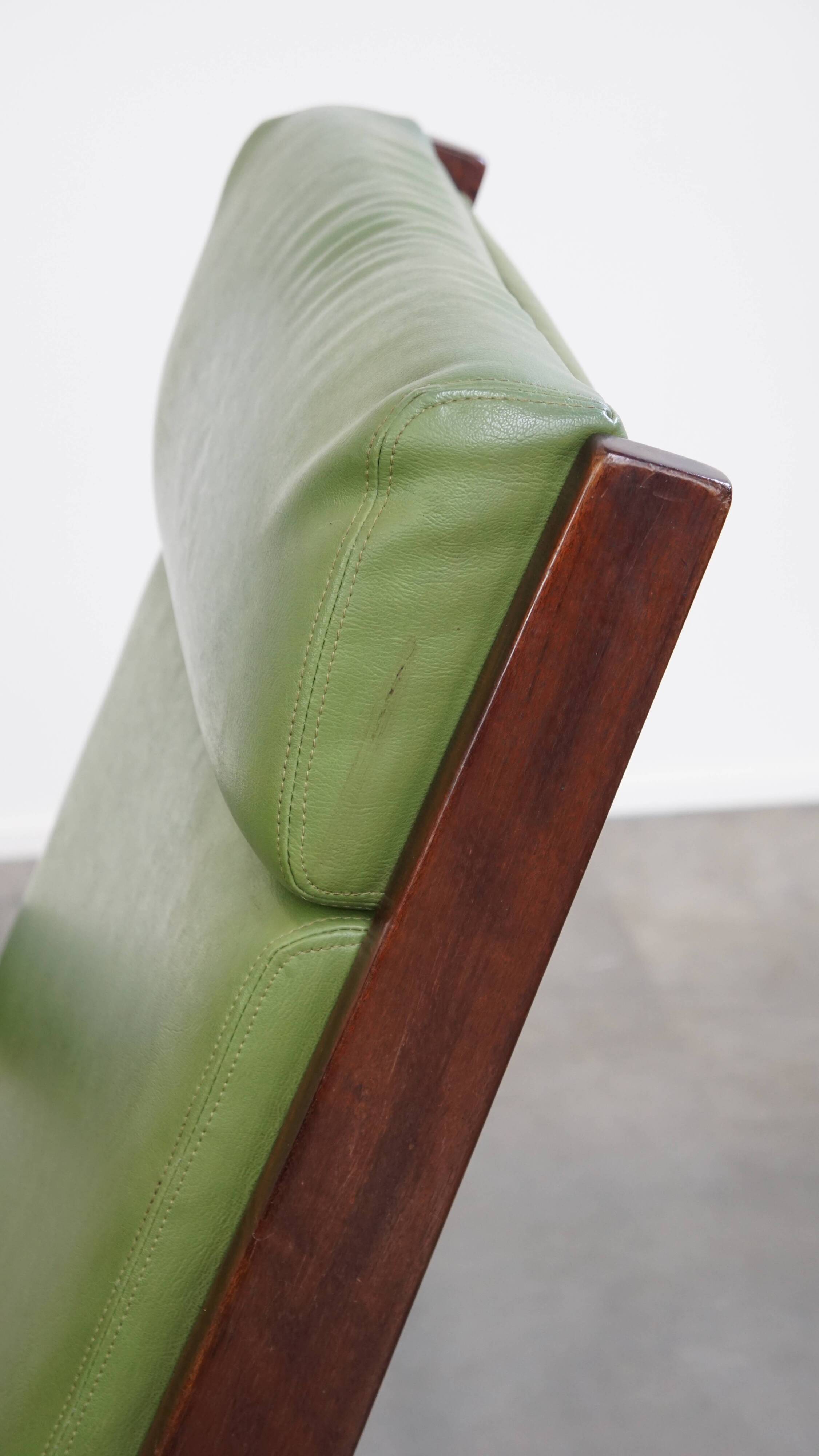 Green Cowhide Leather and Wooden Vintage Armchair