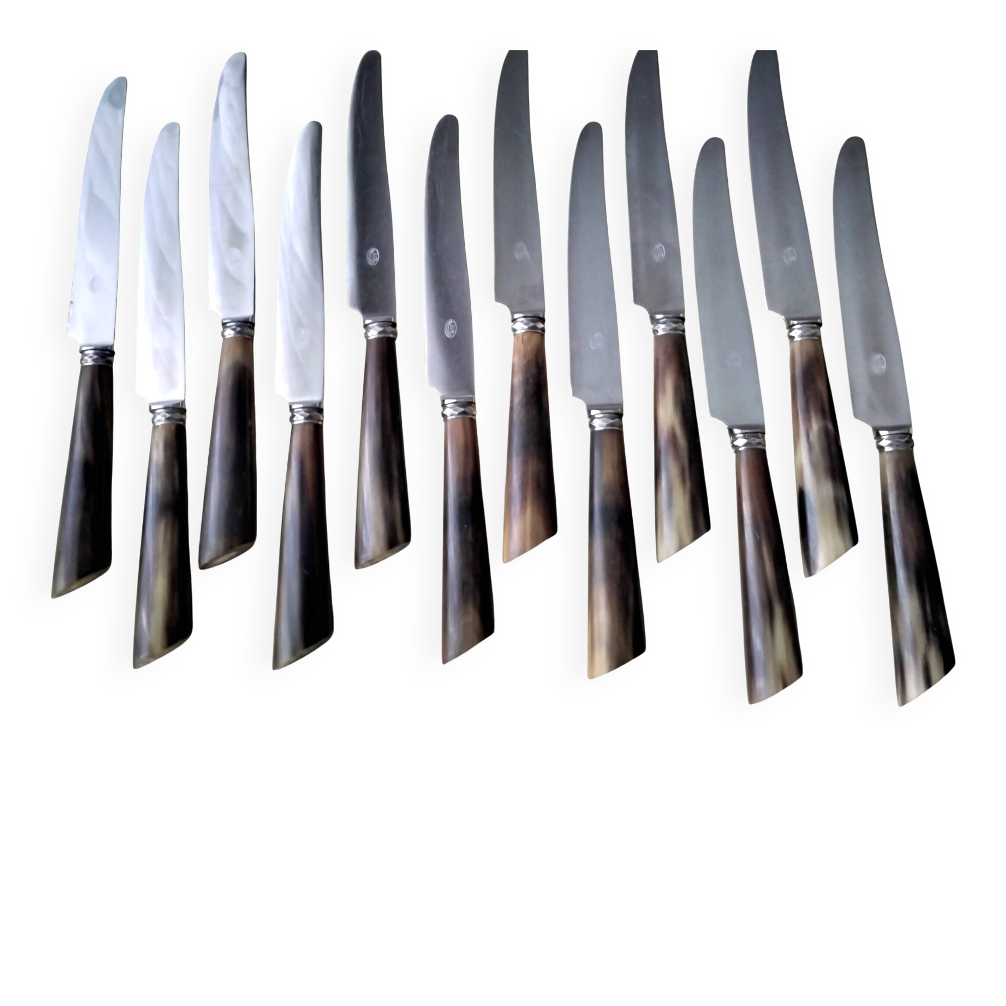 Set of 12 table knives with bovine horn, silver-plated metal and stainless steel.