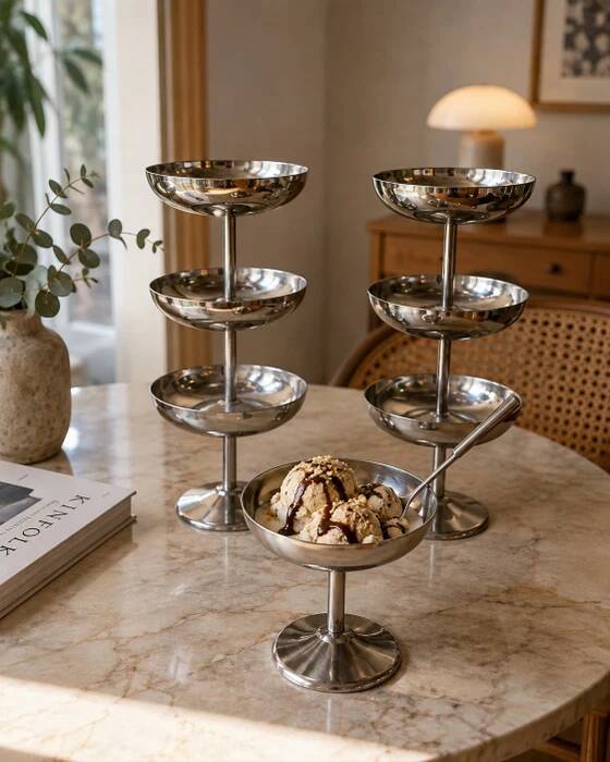 Set of ice cream or dessert bowls in stainless steel.