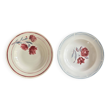 Set of 2 antique deep plates with red flower pattern.