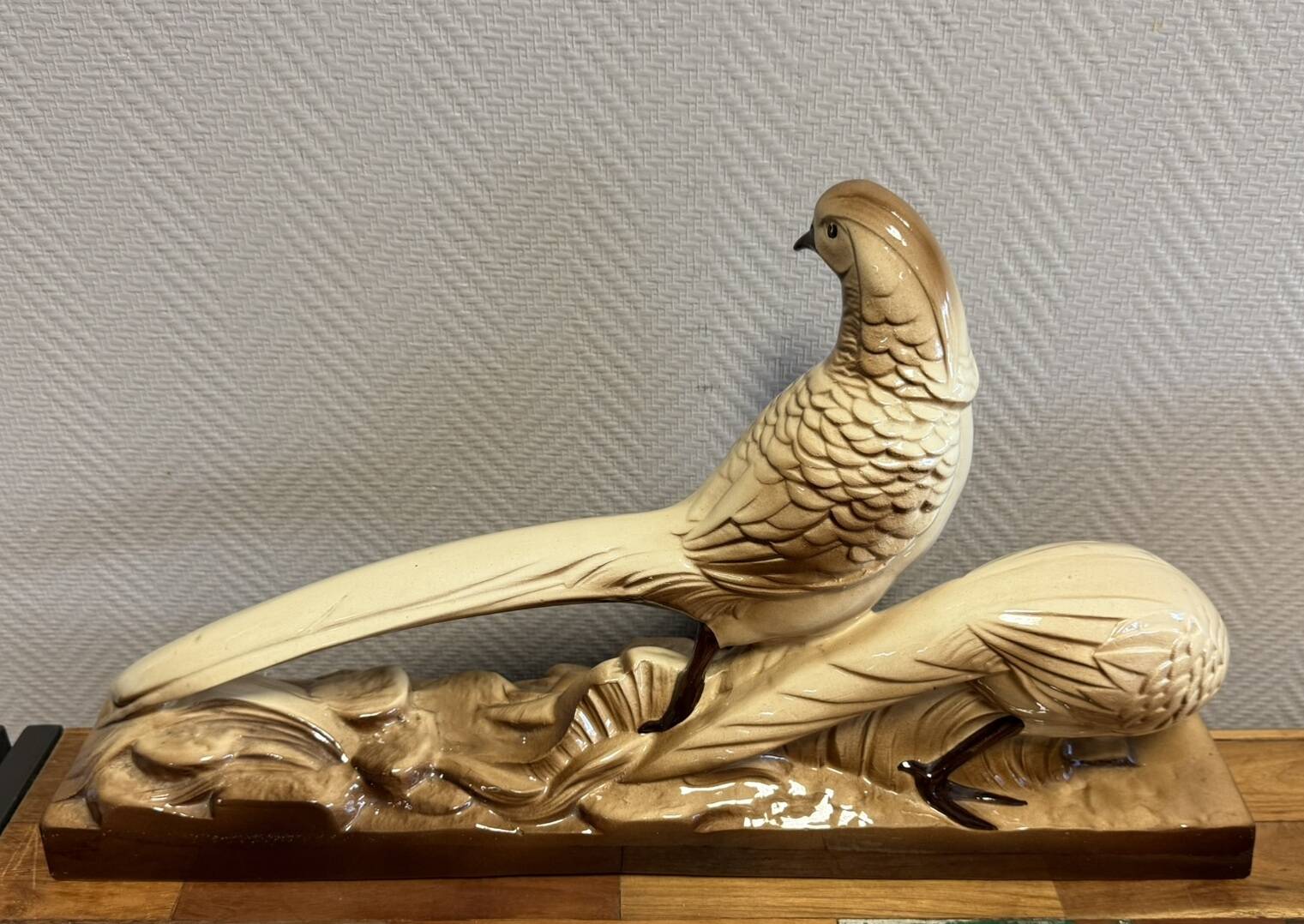 Pair of golden pheasants from the Art Deco period in brown glazed ceramic