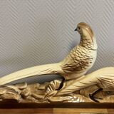 Pair of golden pheasants from the Art Deco period in brown glazed ceramic