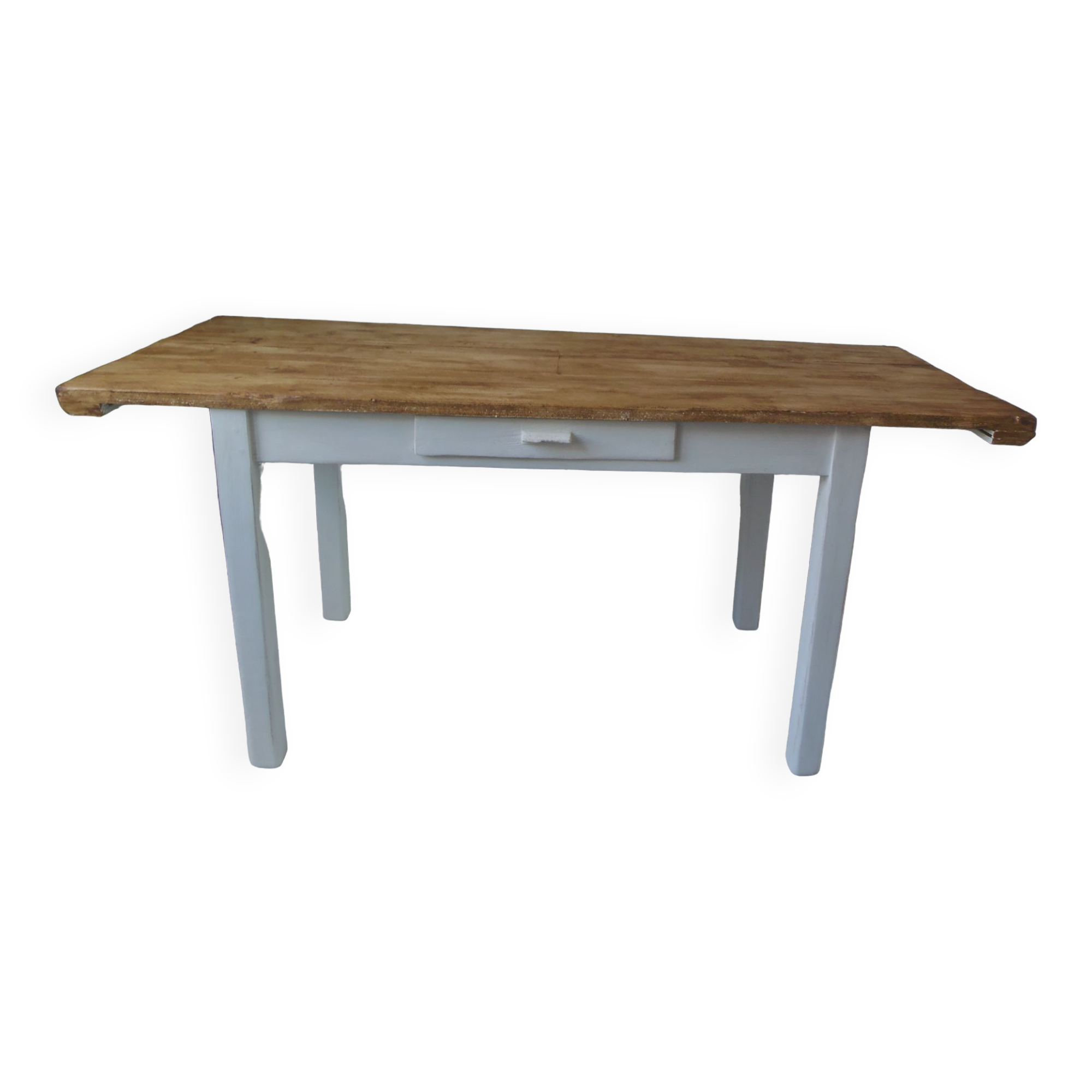 Farm table, leg and belt patinated pearl gray, waxed top medium oak.