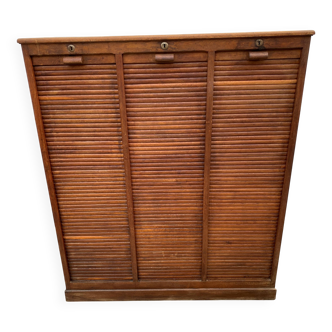 Meuble de métier rangement classeur à rideaux triple colonne en chêne 1950