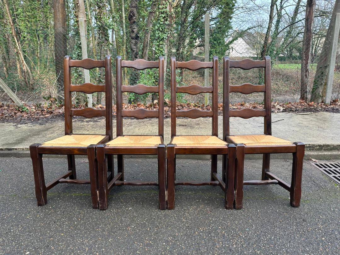 4 dining chairs, solid wood, straw, farmhouse style, dark oak, 20th century, 110cm