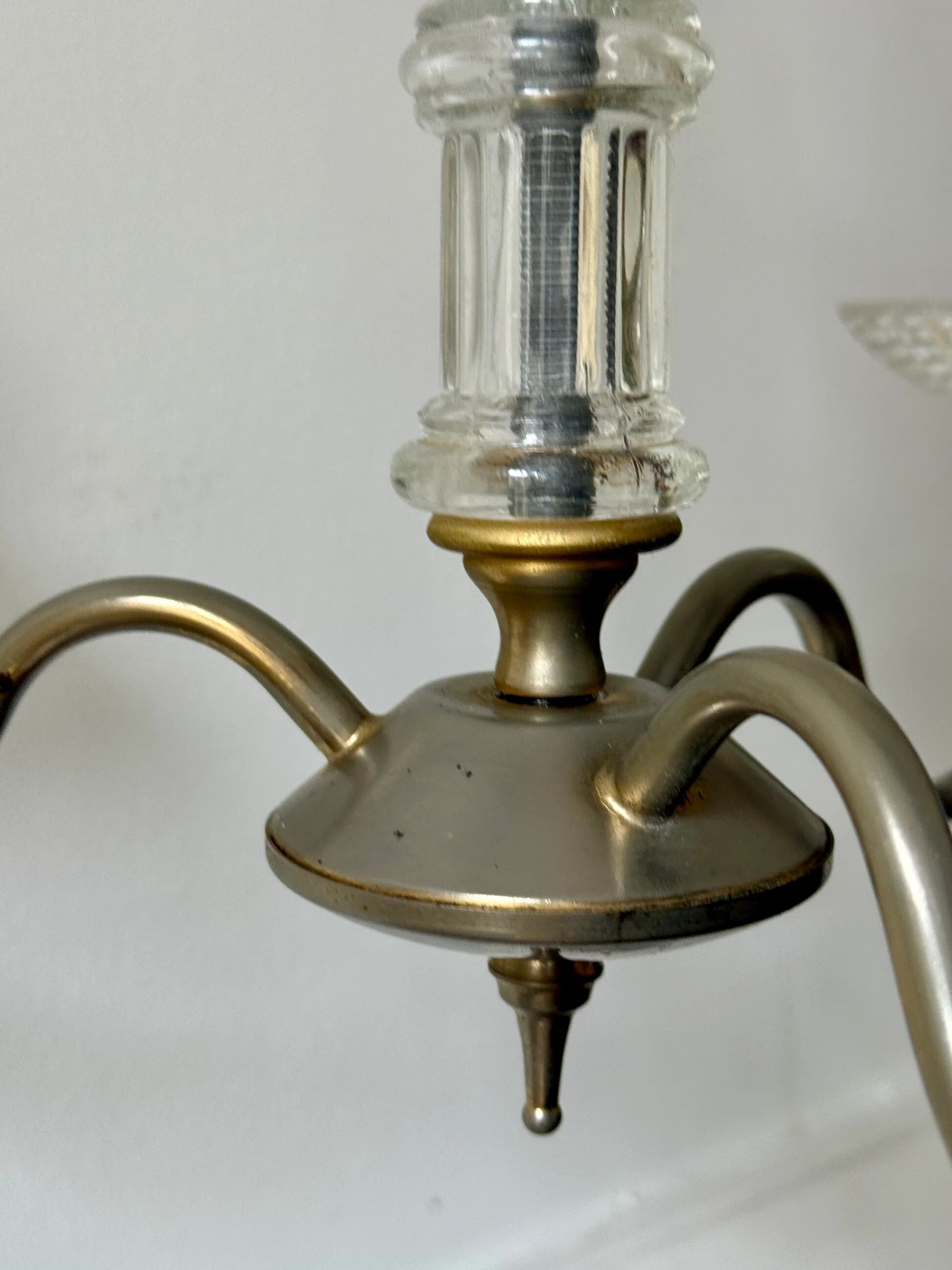 Vintage brass and glass three-branch chandelier