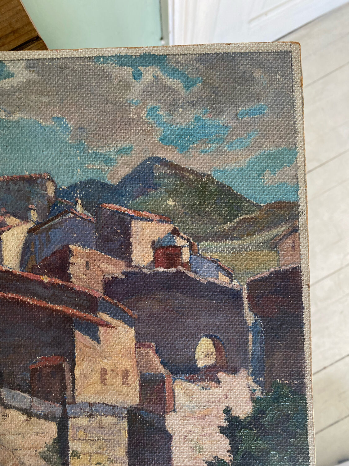 Painting signed sunny village soft colors
