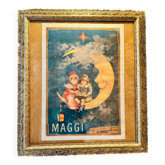 Large old golden frame with vintage Maggi poster