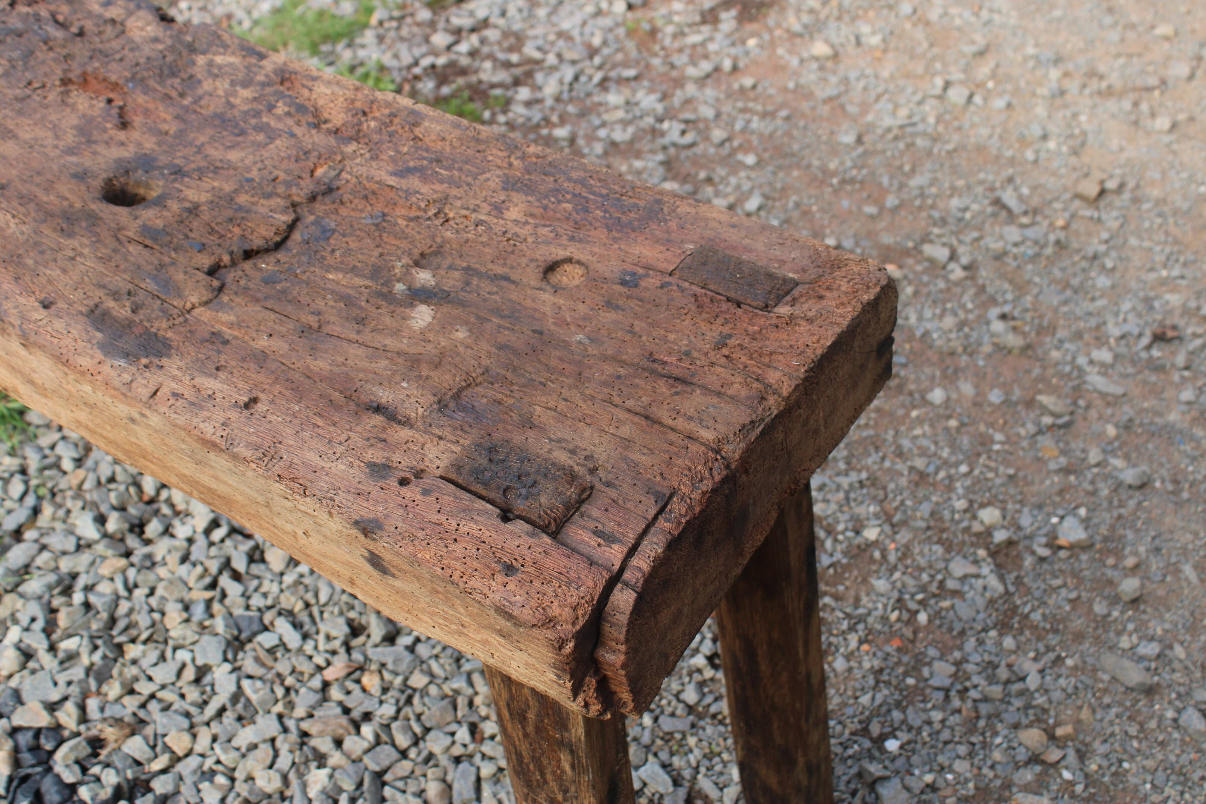 Old solid wood workbench – character console, thick top – 165 cm