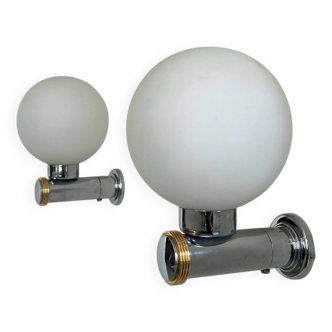Pair of vintage wall lights, chrome, brass and opaline, France 1970